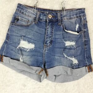 Kancan Womens Denim‎ Shorts High Rise Blue Cuffed Distressed Ripped Whiskering 3
